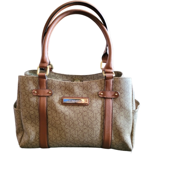 NWOT Calvin Klein Monogram Print Satchel Purse/Handbag Taupe/Brown